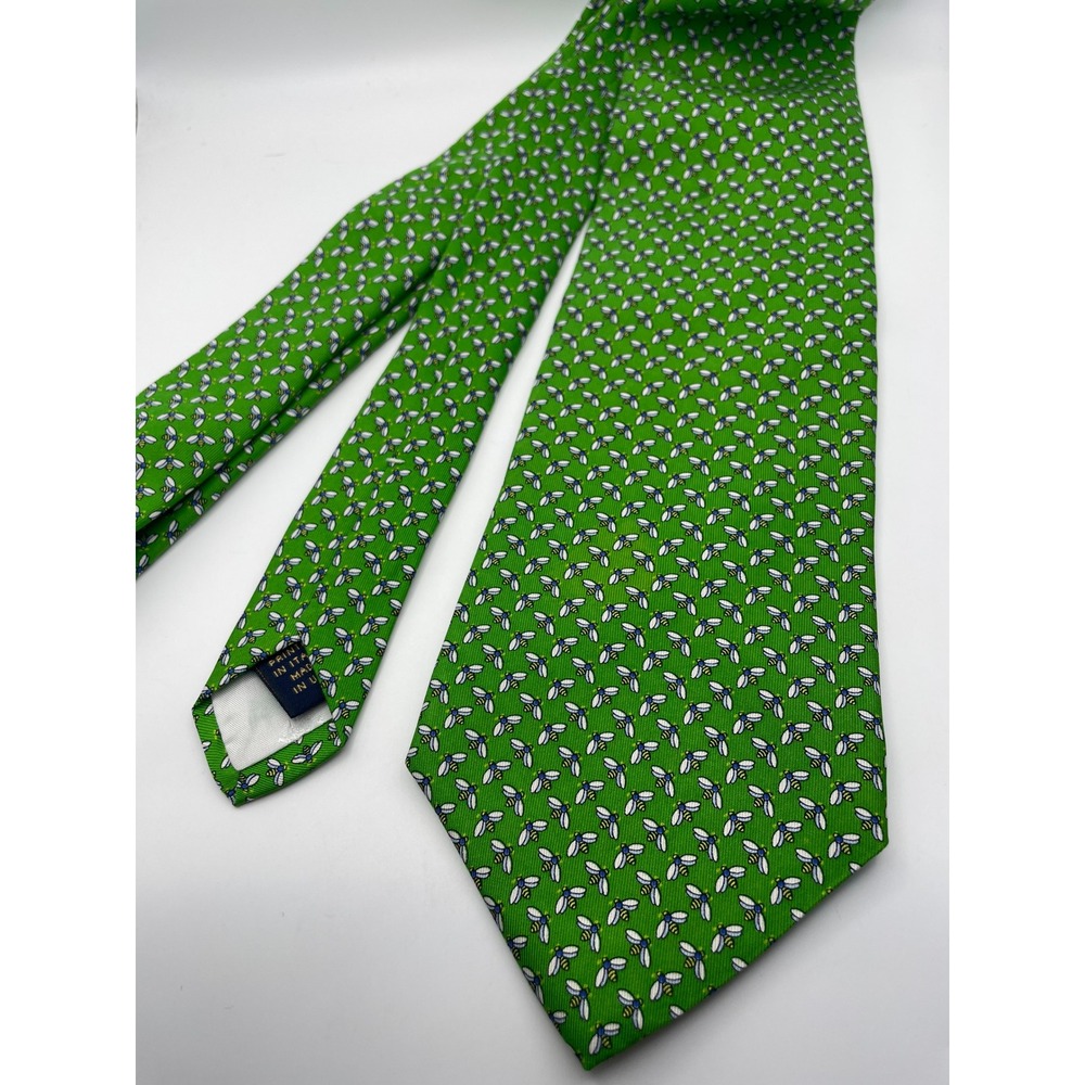 Brooks Brothers Green Silk Bumble Bee Print Stain Resistant Tie Made in USA